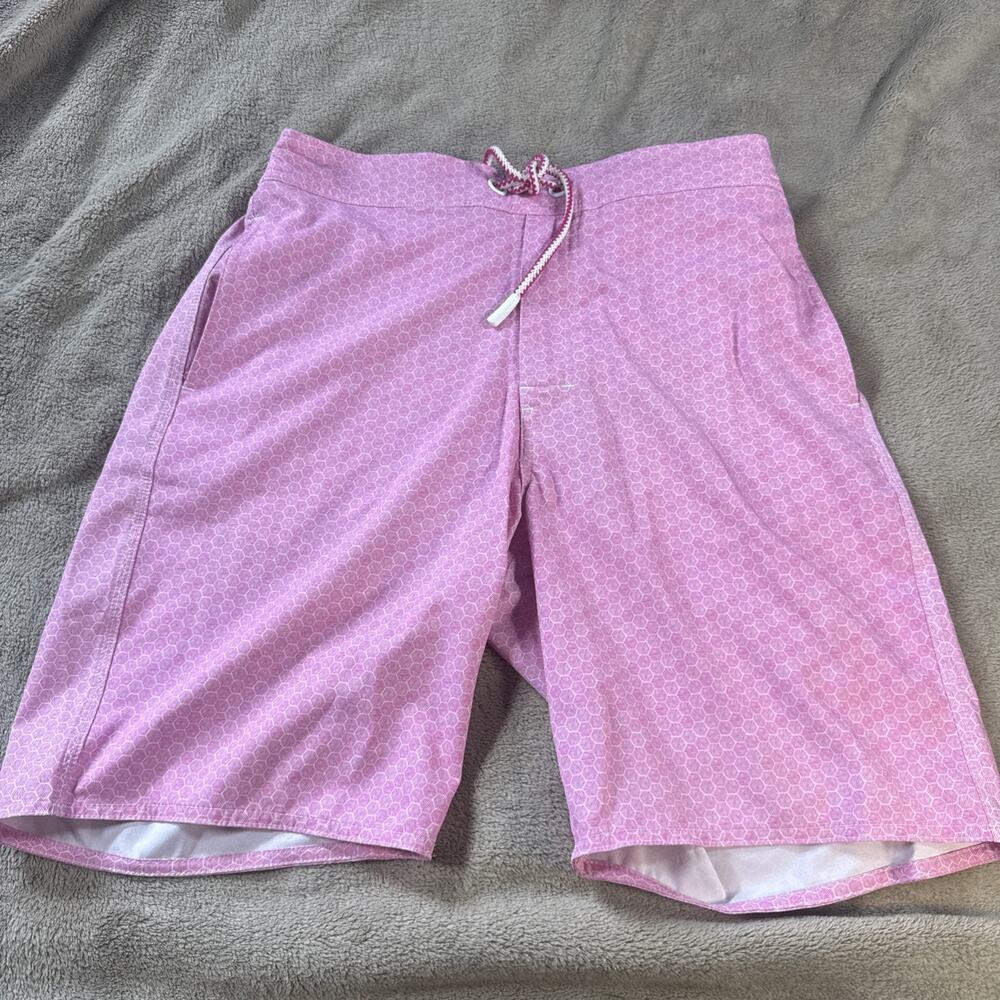 Johnnie-O Swim Trunks Mens M Pink Geometric Dot Board Shorts Drawstring Stretch